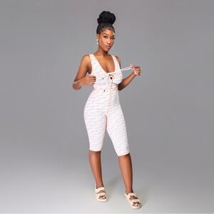 White & Orange “Good Vibes” Lace-Up Sleeveless Romper